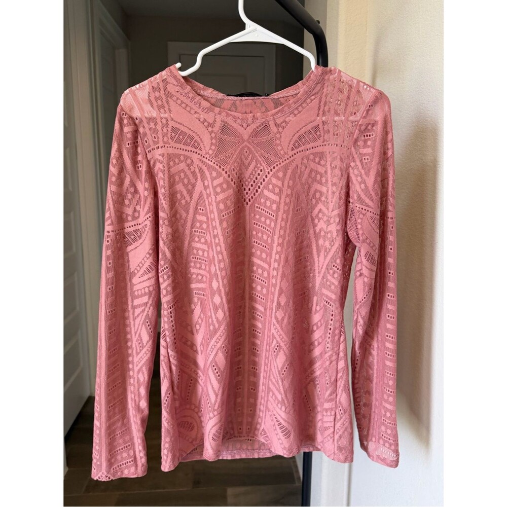 BCBGMaxAzria Pink Lace Eyelet Long Sleeve Tee AGDA Dark Dusty Petal M